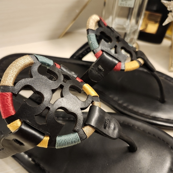 ●Like NEW● Embroidered Miller Sandals by Tory Burch in Black Leather - Picture 5 of 8